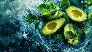 牛油果切片与绿叶的清新画面
