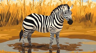 斑马立于湿地的自然景象