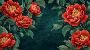 深红牡丹绿叶背景图案