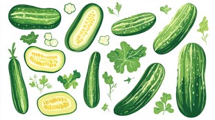 清新手绘黄瓜及绿叶元素