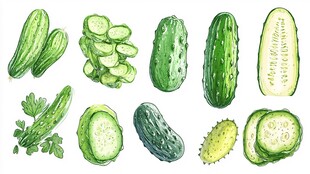 手绘风格多样黄瓜形态展示