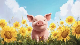 微笑小猪在向日葵花海中