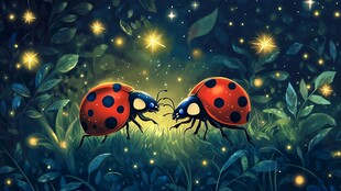 夜中瓢虫与闪烁星光画面