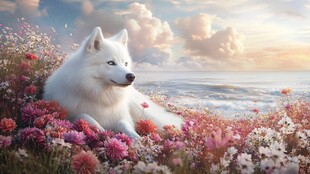 海边花丛中的萨摩耶犬