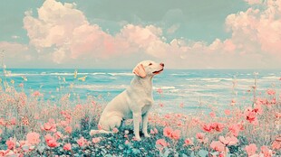 海边花丛中的优雅拉布拉多