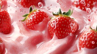 草莓沉浸在粉色奶液中