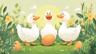 三只萌鸭在春日草地赏蛋