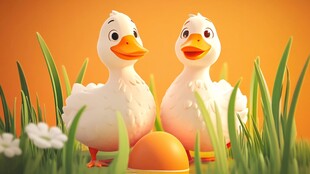 两只萌鸭立于草地与蛋旁