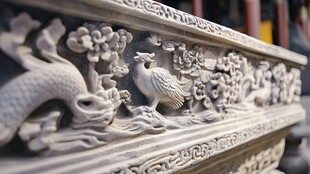 精美石雕上的龙鹤花卉图案