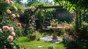 浪漫玫瑰花园中的休闲角落