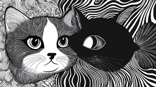 猫与鱼的奇幻黑白插画