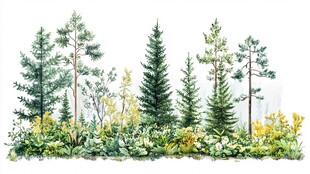 水彩绘就的森林植物景观