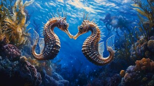 浪漫海马在海底亲昵相依