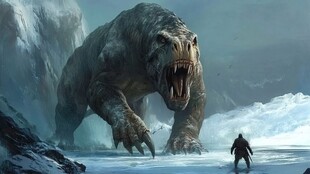 人类对峙冰雪中的巨型怪兽