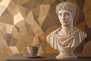 古典雕像旁的静谧咖啡时光