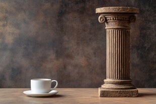 古典柱旁的简约白瓷咖啡杯