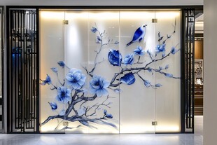 蓝白花鸟中式玻璃屏风