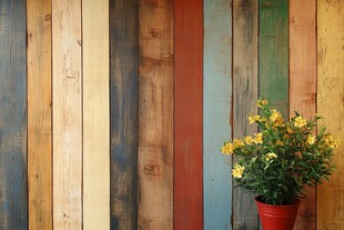 多彩木板墙旁的艳丽盆栽