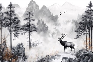 水墨山林间的麋鹿景致