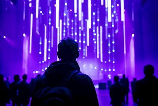 紫色灯光下的人群背影