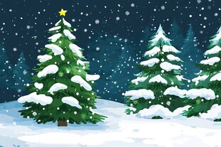 雪夜中的圣诞松树景观