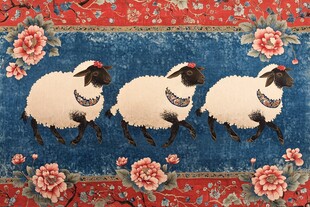 三羊图中式花卉地毯图案