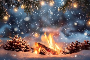 冬日篝火旁的温馨雪景