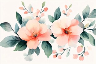 手绘淡雅双花与绿叶图案