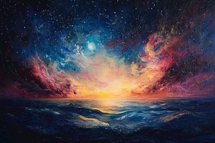 梦幻星空下的绚烂海上日出