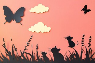 猫咪赏蝶的梦幻剪影场景