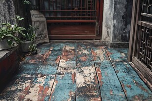 古旧庭院木地板与绿植