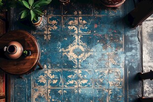 复古花纹地板与绿植摆件