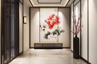 中式玄关 牡丹壁画雅致风