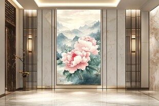 中式大厅里的牡丹山水壁画