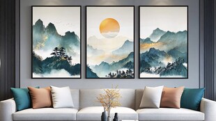 新中式山水三联装饰画
