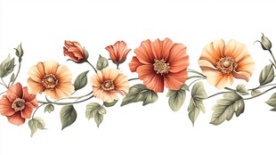 橙色花卉绿叶装饰花边