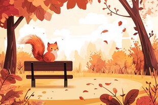 秋日长椅上的可爱小松鼠