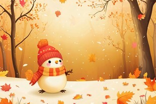 秋日雪人与落叶的温馨场景