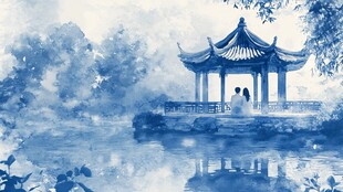 水墨湖畔古亭静谧之景