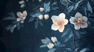 幽蓝背景下的淡雅花卉