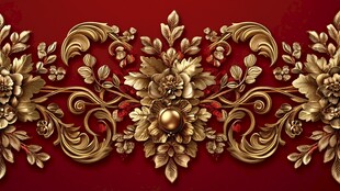 红色背景上的金色花卉装饰