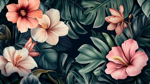 热带花卉与绿叶背景图