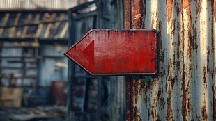 生锈墙上的红色箭头指示牌