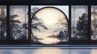 中式圆窗绘就山水意境图
