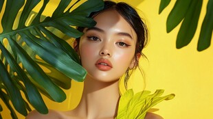 黄背景绿叶间的时尚女性