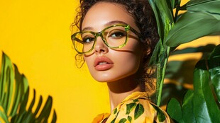 时尚女士戴绿框眼镜展魅力