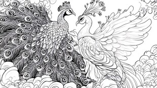 双孔雀华丽图案黑白插画