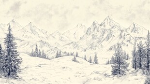 冬日雪山松林风景素描