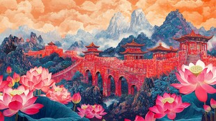 梦幻中式山水楼阁荷花图
