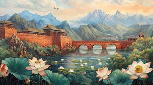古桥荷花映古城山水景